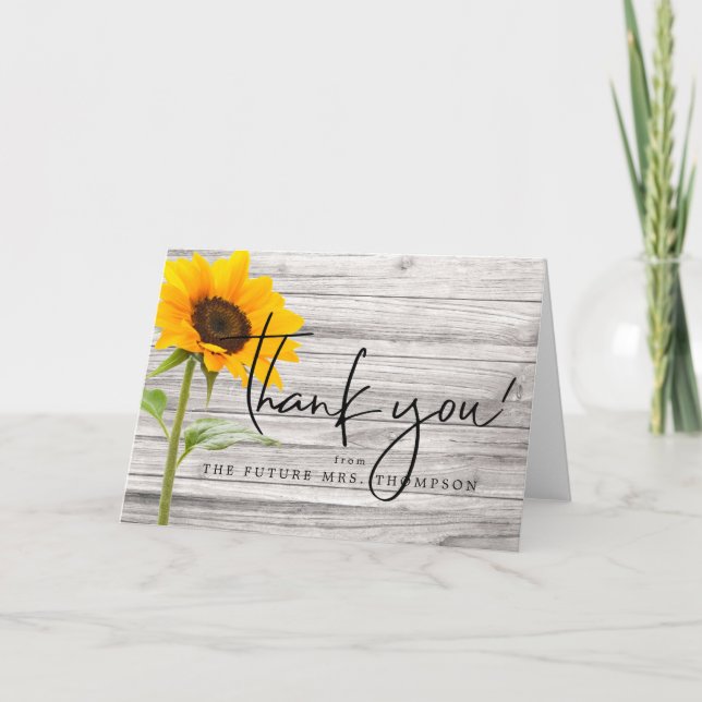 Rustic Sunflower Wood Bridal Shower Thank You Card (Front)