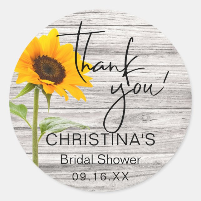Rustic Sunflower Wood Bridal Shower Thank You Classic Round Sticker (Front)