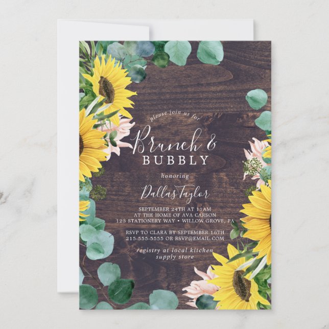 Rustic Sunflower | Wood Brunch & Bubbly Shower Invitation (Front)