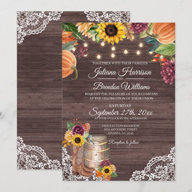 Rustic Sunflower Wood Fall Wedding Invitation (Front/Back)