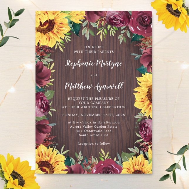 Rustic Sunflower Wood Floral Border Wedding Invitation (Creator Uploaded)