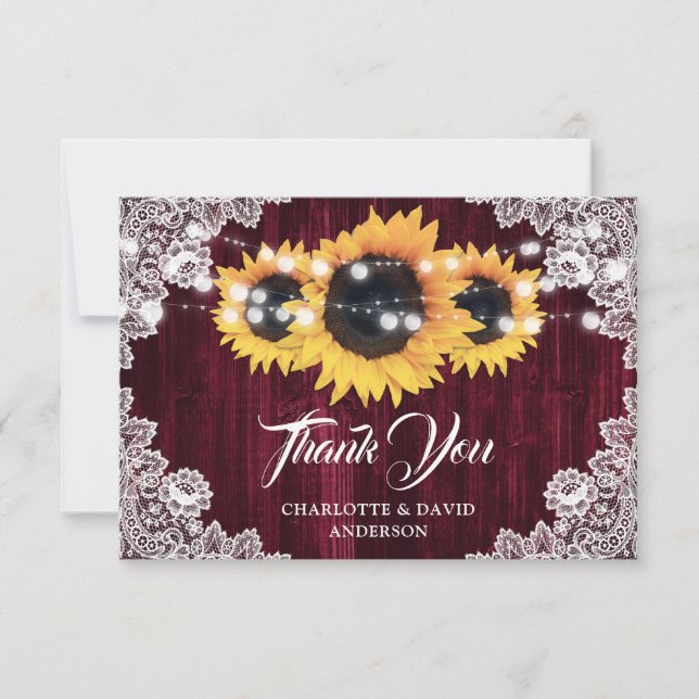 Rustic Sunflower Wood Floral Lace Burgundy Wedding Thank You Card (Front)