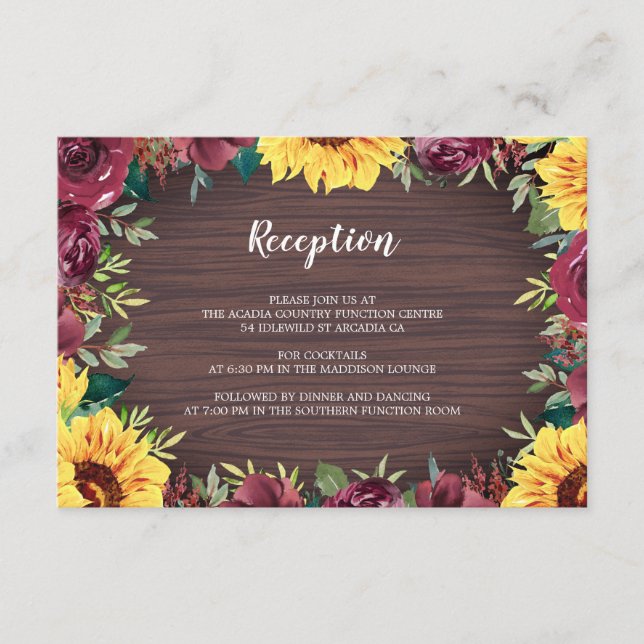 Rustic Sunflower Wood Floral Wedding Reception Enclosure Card (Front)