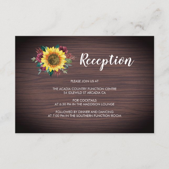Rustic Sunflower Wood Floral Wedding Reception Enclosure Card (Front)