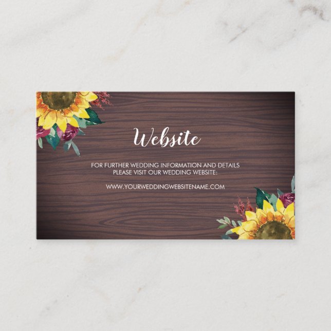 Rustic Sunflower Wood Floral Wedding Website Card (Front)