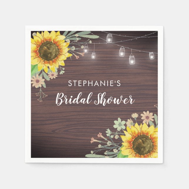 Rustic Sunflower Wood Jar Lights Bridal Shower Napkin (Front)