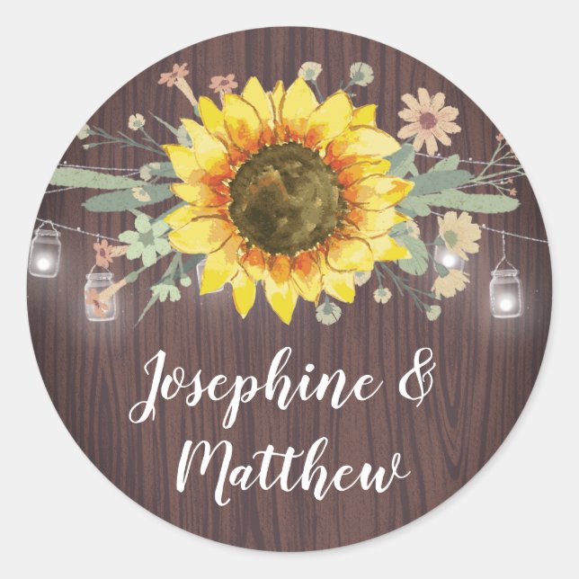 Rustic Sunflower Wood Jar Lights Wedding Classic Round Sticker (Front)