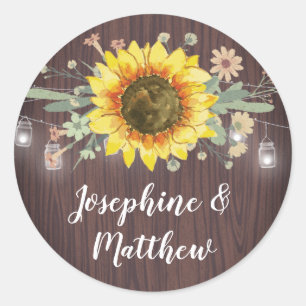 Rustic Sunflower Wood Jar Lights Wedding Classic Round Sticker