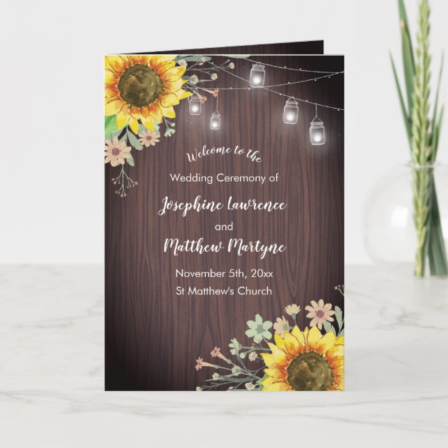 Rustic Sunflower Wood Jar Lights Wedding Programme (Front)