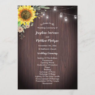 Rustic Sunflower Wood Jar Lights Wedding Programme