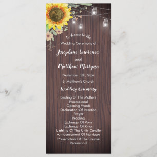 Rustic Sunflower Wood Jar Lights Wedding Programme