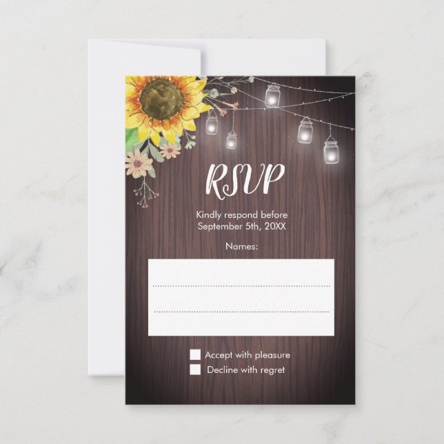 Rustic Sunflower Wood Jar Lights Wedding RSVP Card (Front)