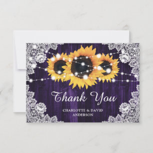 Rustic Sunflower Wood Lace Purple Wedding Thank You Card