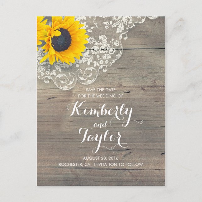 Rustic Sunflower Wood Lace Save the Date Announcement Postcard (Front)