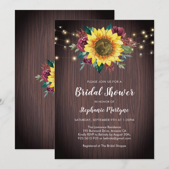 Rustic Sunflower Wood Lights Floral Bridal Shower Invitation (Front/Back)