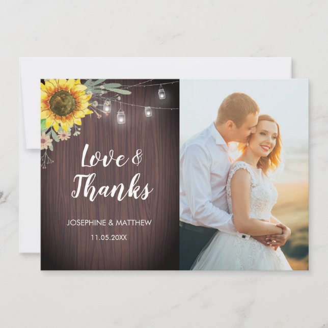 Rustic Sunflower Wood Lights Photo Wedding Thank You Card (Front)