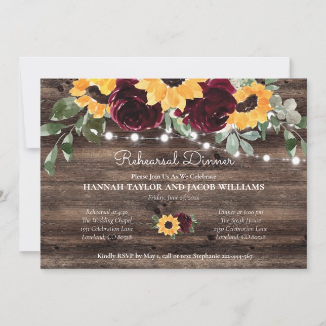Rustic Sunflower Wood Lights Rehearsal Dinner Invitation (Front)