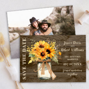 Rustic Sunflower Wood Mason Jar Save The Date Card