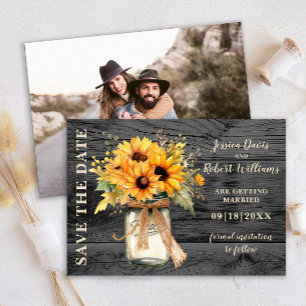 Rustic Sunflower Wood Mason Jar Save The Date Card
