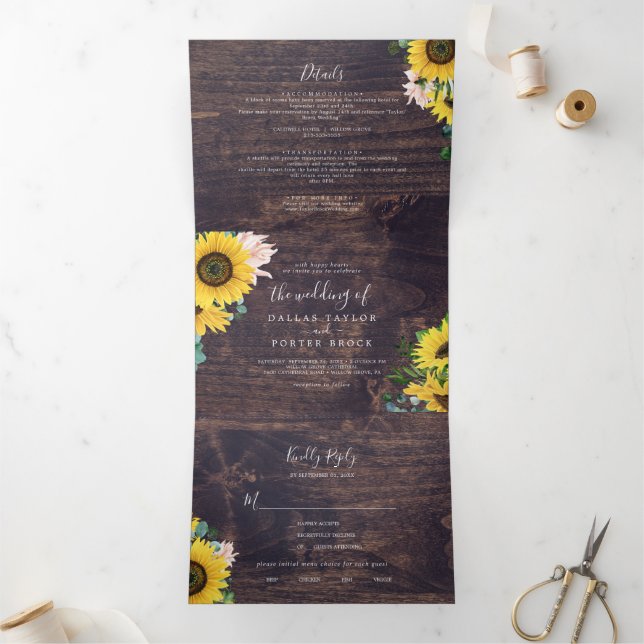 Rustic Sunflower | Wood Photo Wedding All In One Tri-Fold Invitation (Inside)