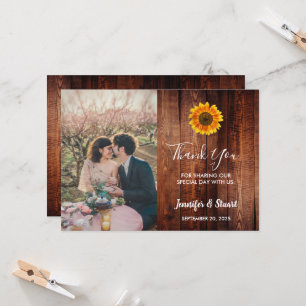Rustic sunflower wood photo wedding thank you card