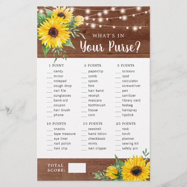 Rustic Sunflower Wood Purse Bridal Shower Game (Front)