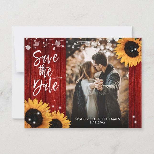 Rustic Sunflower Wood Red Wedding Photo Save The Date (Front)