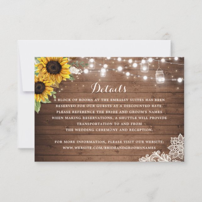 Rustic Sunflower Wood String Lights Details Insert Invitation (Front)