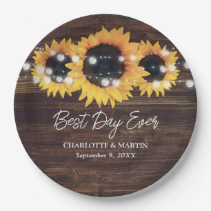 Rustic Sunflower Wood String Lights Wedding Paper Plate