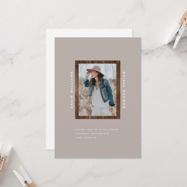 Rustic Sunflower Wood TaupeII Bridal Shower Invitation (Front/Back In Situ)