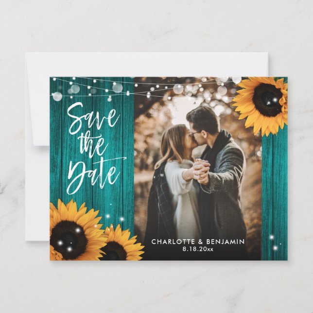 Rustic Sunflower Wood Teal Wedding Photo Save The Date (Front)