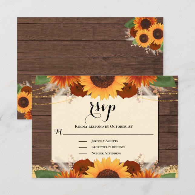 Rustic Sunflower Wood Terracotta Wedding RSVP Card (Front/Back)