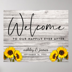 Rustic Sunflower Wood Texture Wedding Welcome Poster