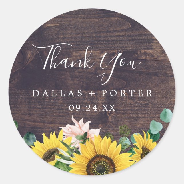 Rustic Sunflower | Wood Thank You Favour Sticker (Front)