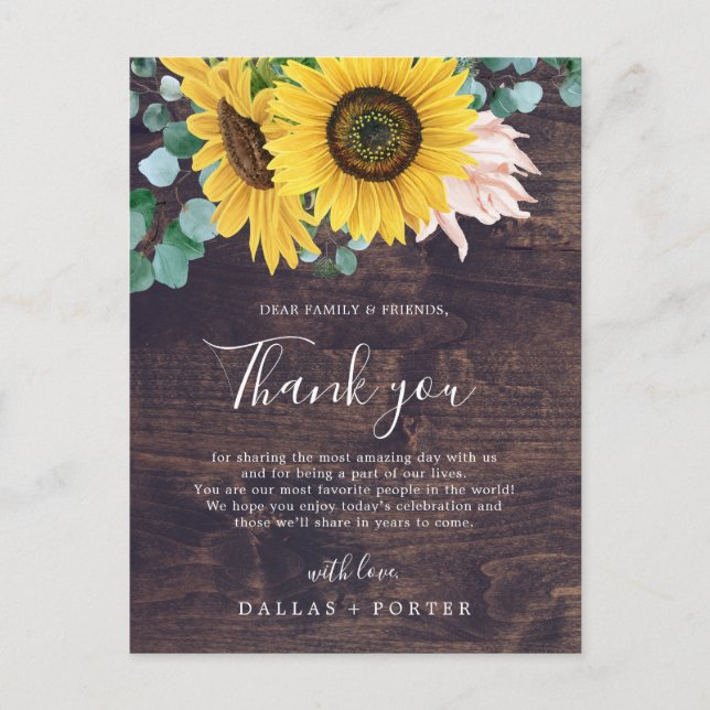 Rustic Sunflower | Wood Thank You Reception Card (Front)