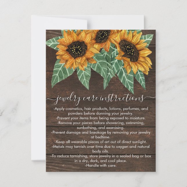 Rustic Sunflower Wood Watercolor Jewellery Care Ca Card (Front)