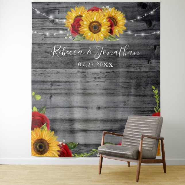 Rustic Sunflower Wood Wedding Backdrop Tapestries (In Situ)