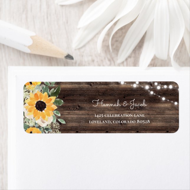 Rustic Sunflower Wood Wedding Return Address (Insitu)