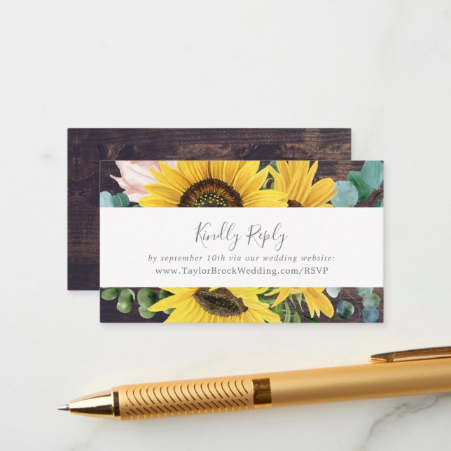 Rustic Sunflower | Wood Wedding Website RSVP Enclosure Card (Front/Back In Situ)