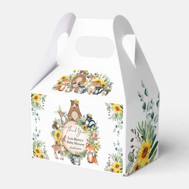 Rustic Sunflower Woodland Animals Baby Birthday Favour Box (Front Side)