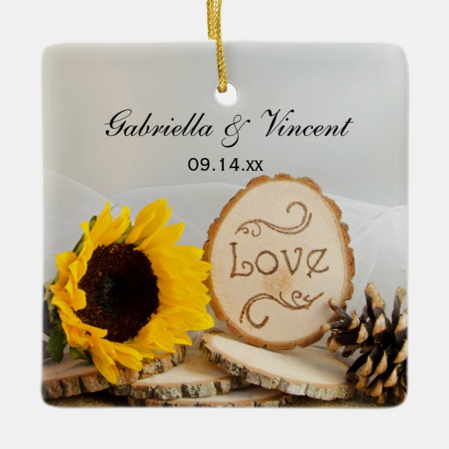 Rustic Sunflower Woodland Wedding Ornament (Front)