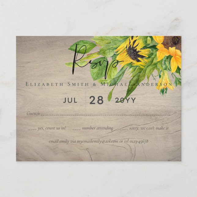 Rustic Sunflower Woodland Wedding RSVP Postcard (Front)
