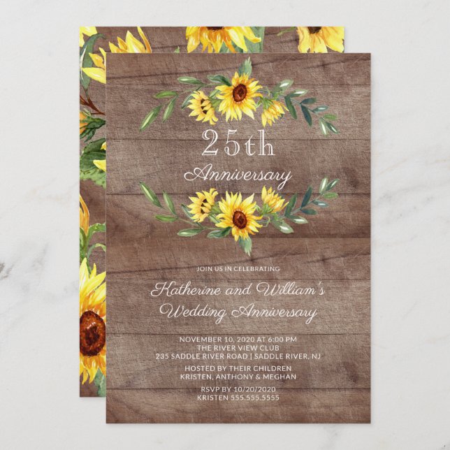 Rustic Sunflower Wreath 25th Anniversary Party Invitation (Front/Back)