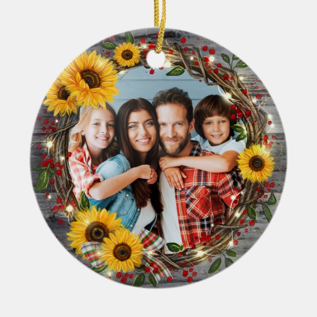 Rustic Sunflower Wreath Family Photo Christmas Ceramic Tree Decoration (Front)