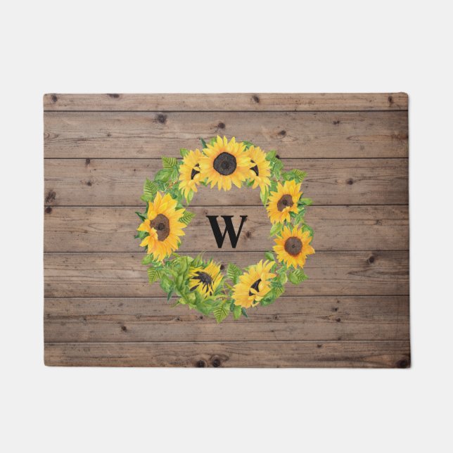 Rustic Sunflower Wreath & Wood Monogrammed Doormat (Front)