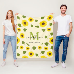 Rustic Sunflower Yellow Green Leaf Script Monogram Fleece Blanket
