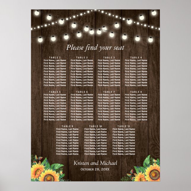 Rustic Sunflowers 11 Tables Wedding Seating Chart (Front)