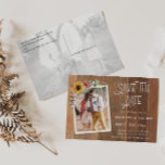Rustic Sunflowers 2 Photo Wood  Save the Date    Postcard<br><div class="desc">Rustic Sunflowers 2 Photo Wood Save the Date Postcard - Announce your wedding date to your family and friends with our rustic save the date postcard. Postcard features 2 of your photos, on the front accented with gorgeous sunflowers, baby's breath, cotton and greenery surrounded by a simple frame on barn...</div>