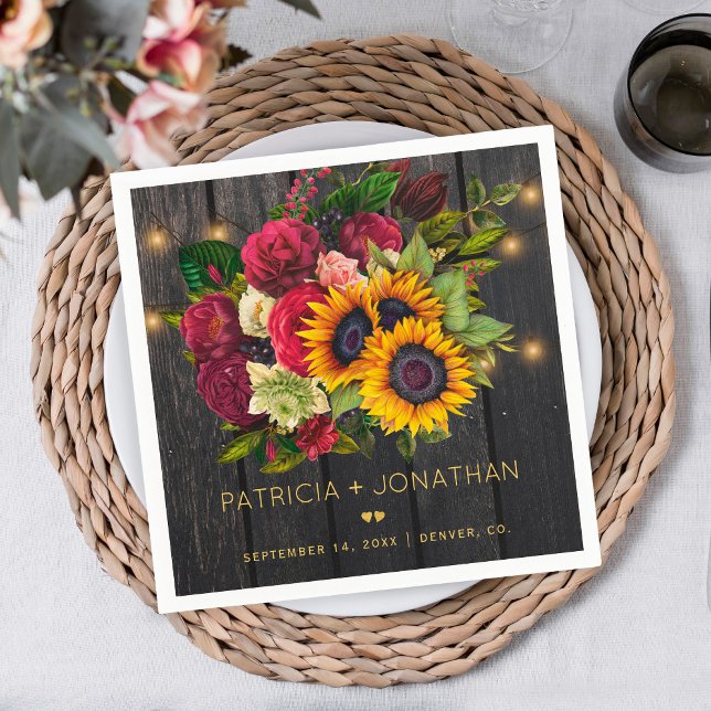 Rustic sunflowers and burgundy roses wood wedding napkin (Creator Uploaded)