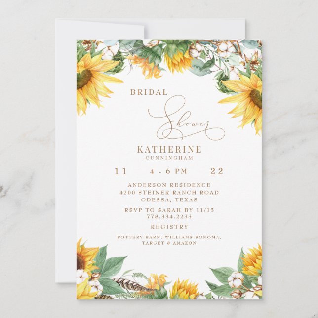 Rustic Sunflowers and Cotton Bridal Shower Invitation (Front)